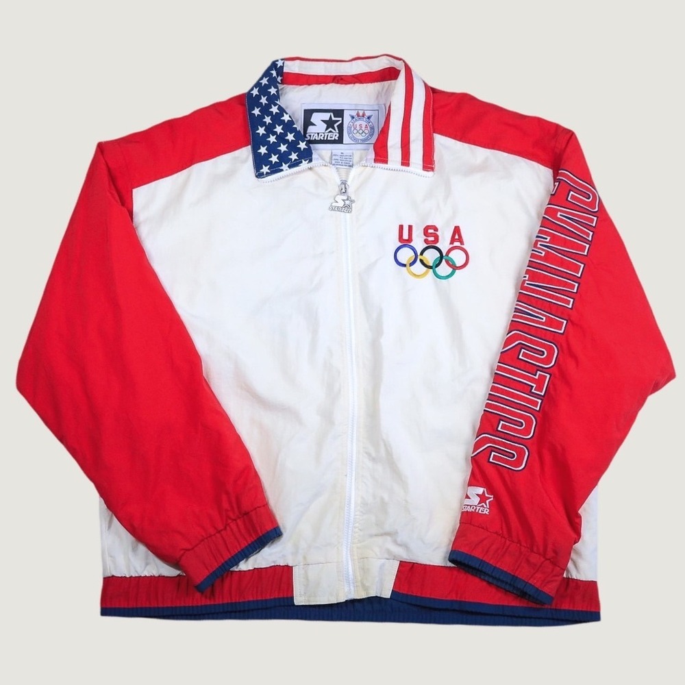 Vintage Starter USA Gymnastics Olympic Jacket Mens XL White Red Blue Windbreaker